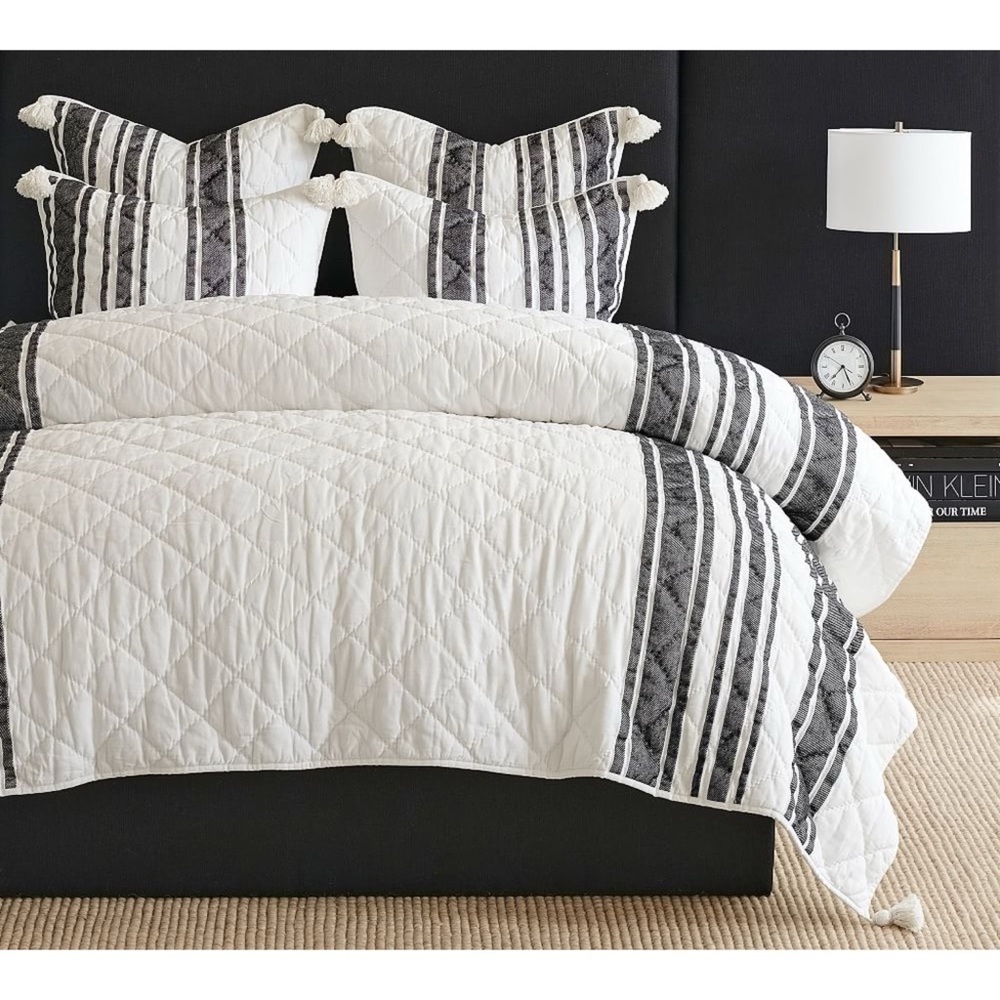 POTTERY BARN MESA TASSEL BLACK STRIPED SHAMS SET OF 2 KING - Picture 2 of 13